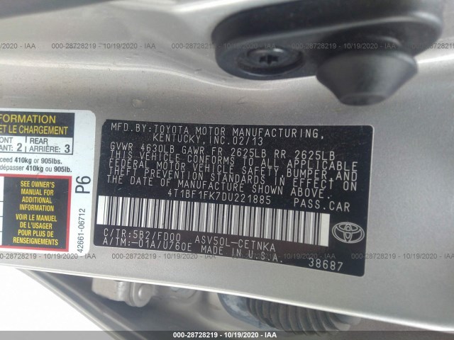 Photo 8 VIN: 4T1BF1FK7DU221885 - TOYOTA CAMRY 