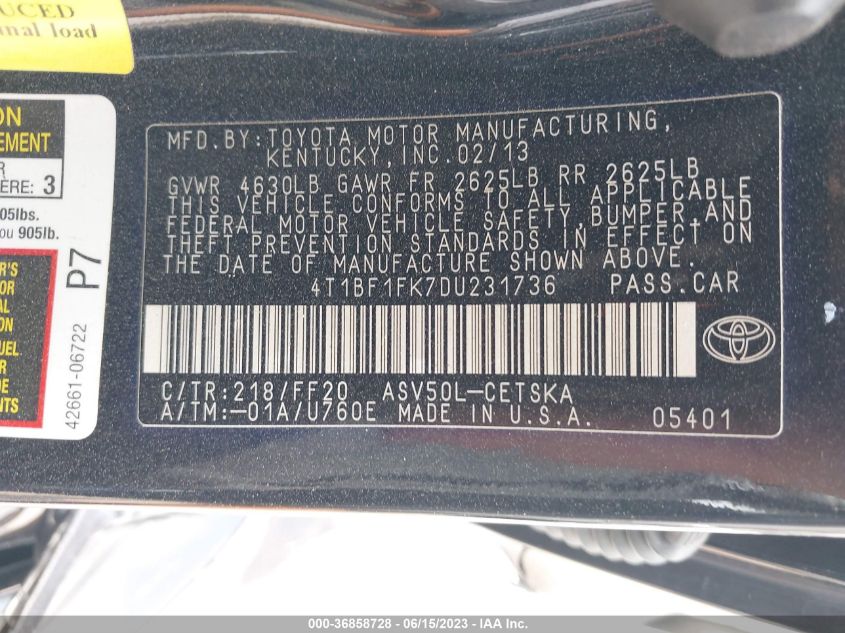 Photo 8 VIN: 4T1BF1FK7DU231736 - TOYOTA CAMRY 