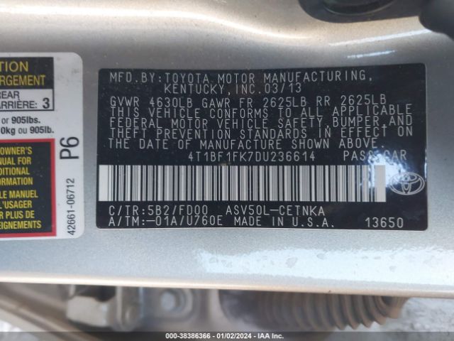 Photo 8 VIN: 4T1BF1FK7DU236614 - TOYOTA CAMRY 