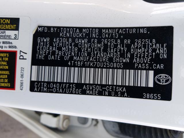 Photo 9 VIN: 4T1BF1FK7DU250805 - TOYOTA CAMRY L 