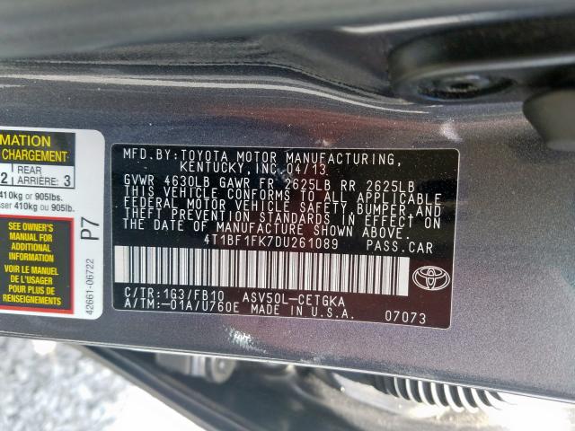 Photo 9 VIN: 4T1BF1FK7DU261089 - TOYOTA CAMRY L 