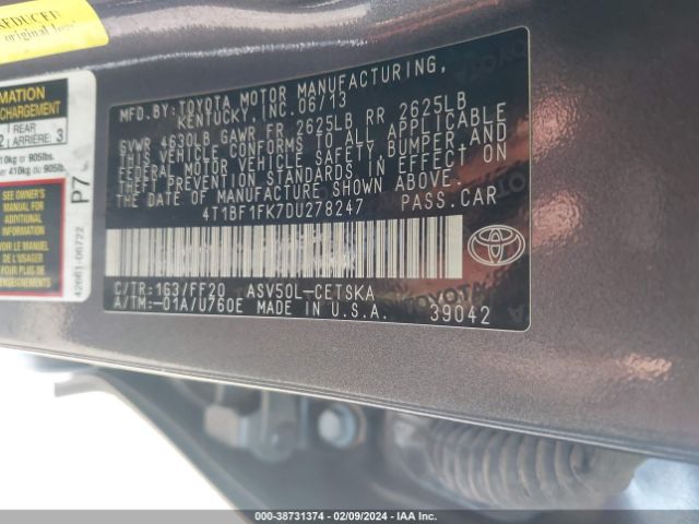 Photo 8 VIN: 4T1BF1FK7DU278247 - TOYOTA CAMRY 