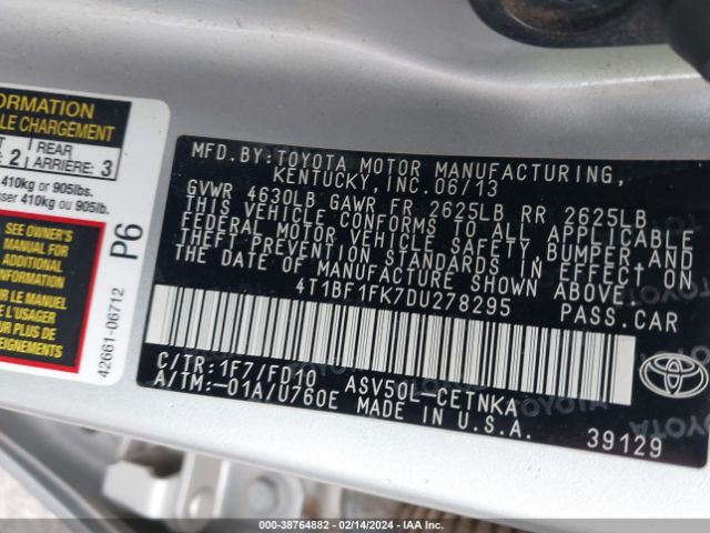 Photo 8 VIN: 4T1BF1FK7DU278295 - TOYOTA CAMRY 