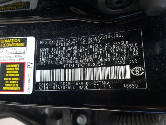 Photo 9 VIN: 4T1BF1FK7DU282542 - TOYOTA CAMRY L 