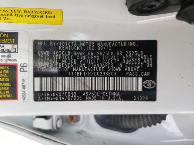 Photo 9 VIN: 4T1BF1FK7DU296604 - TOYOTA CAMRY L 