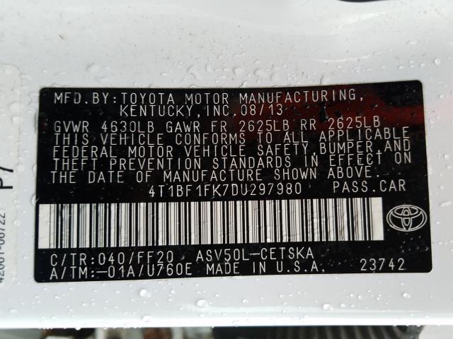 Photo 9 VIN: 4T1BF1FK7DU297980 - TOYOTA CAMRY L 