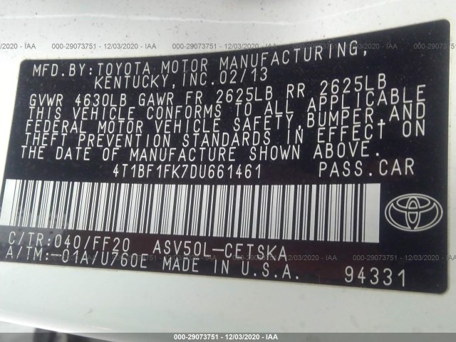 Photo 8 VIN: 4T1BF1FK7DU661461 - TOYOTA CAMRY 