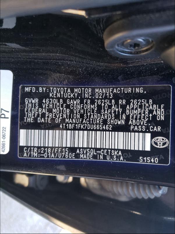 Photo 9 VIN: 4T1BF1FK7DU665462 - TOYOTA CAMRY L 