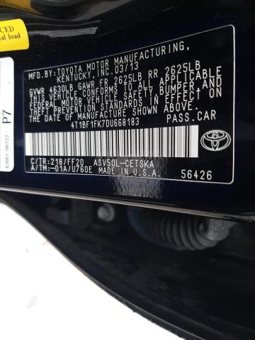 Photo 9 VIN: 4T1BF1FK7DU668183 - TOYOTA CAMRY L 