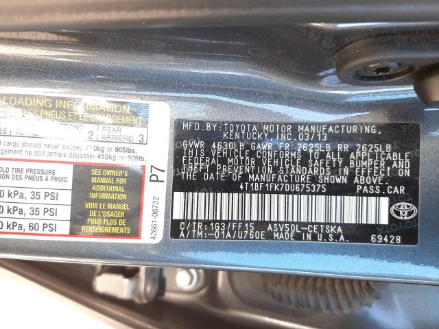 Photo 9 VIN: 4T1BF1FK7DU675375 - TOYOTA CAMRY L 