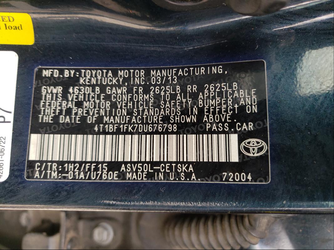 Photo 9 VIN: 4T1BF1FK7DU676798 - TOYOTA CAMRY L 