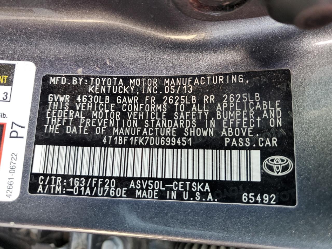 Photo 11 VIN: 4T1BF1FK7DU699451 - TOYOTA CAMRY 