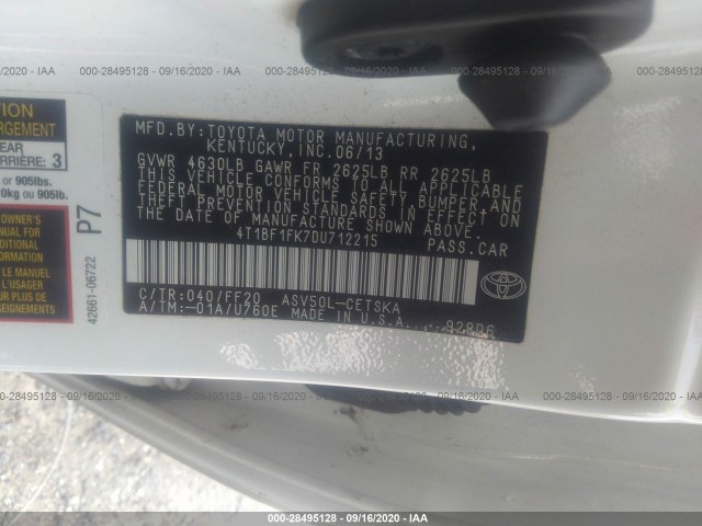 Photo 8 VIN: 4T1BF1FK7DU712215 - TOYOTA CAMRY 