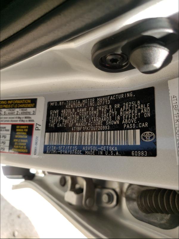 Photo 9 VIN: 4T1BF1FK7DU720993 - TOYOTA CAMRY L 