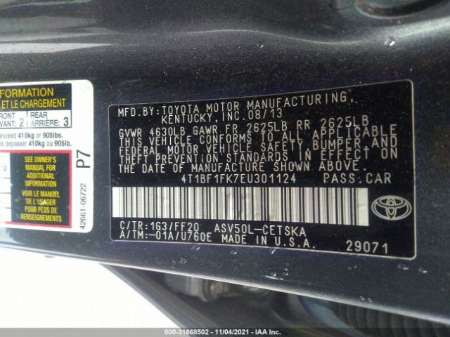 Photo 8 VIN: 4T1BF1FK7EU301124 - TOYOTA CAMRY 