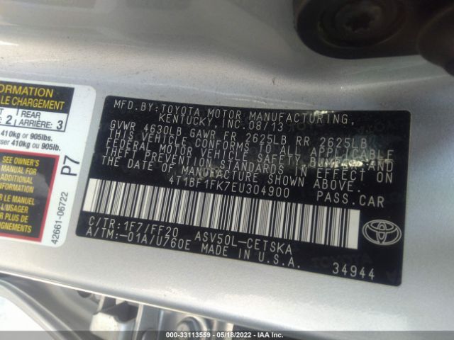 Photo 8 VIN: 4T1BF1FK7EU304900 - TOYOTA CAMRY 