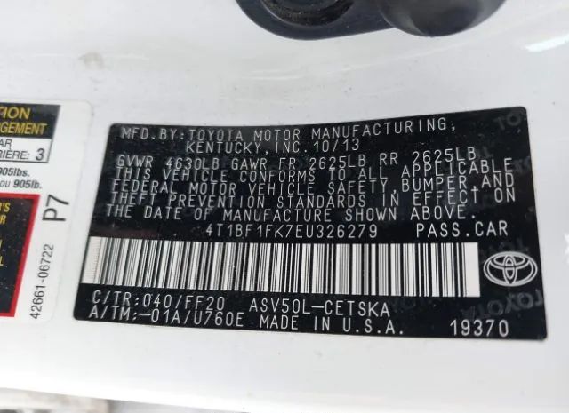 Photo 8 VIN: 4T1BF1FK7EU326279 - TOYOTA CAMRY 