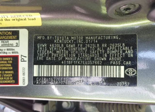 Photo 8 VIN: 4T1BF1FK7EU357662 - TOYOTA CAMRY 