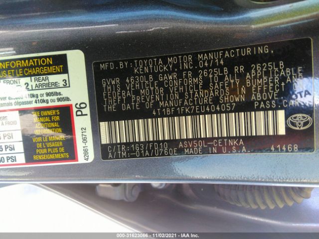 Photo 8 VIN: 4T1BF1FK7EU404057 - TOYOTA CAMRY 