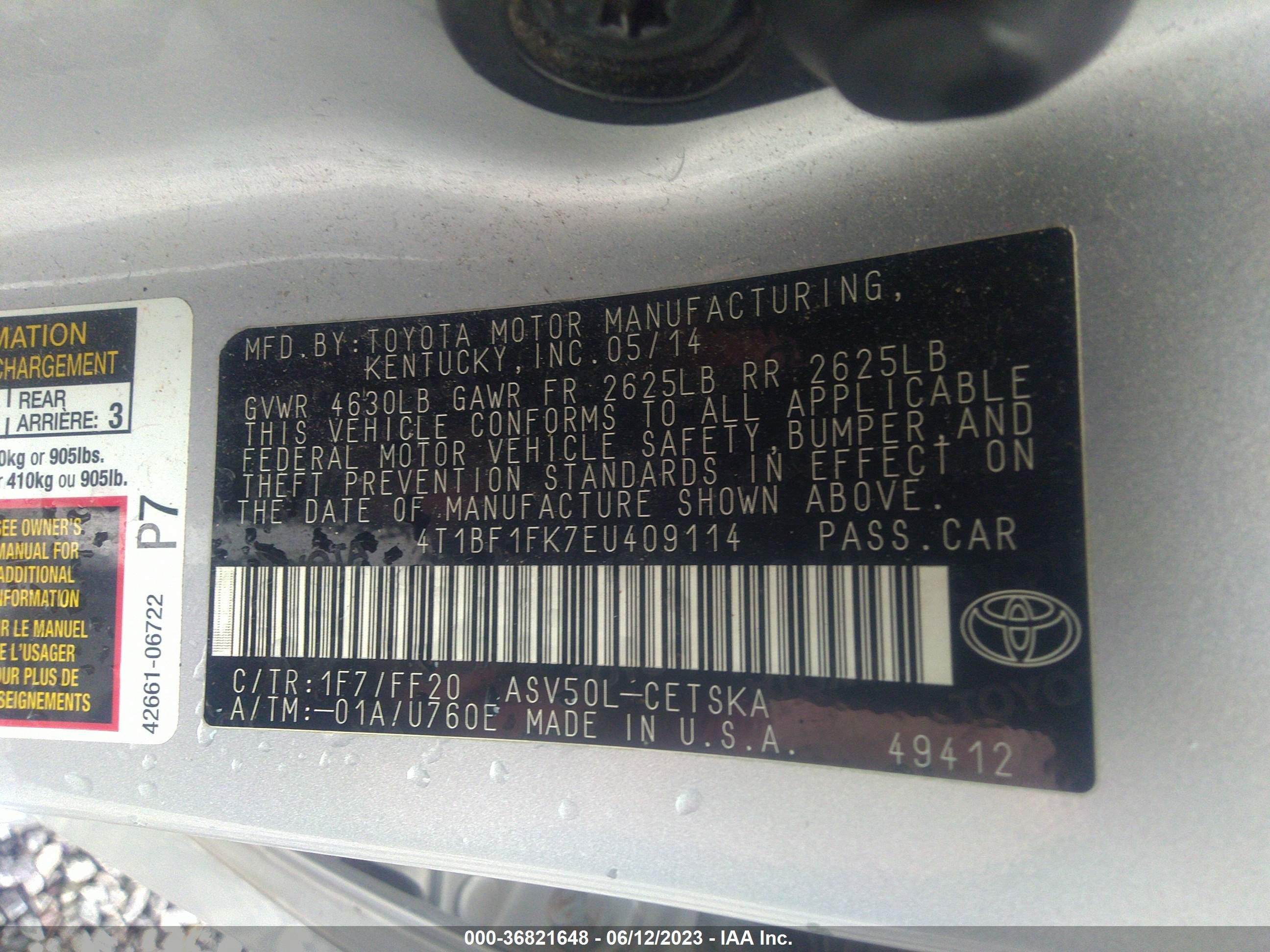 Photo 8 VIN: 4T1BF1FK7EU409114 - TOYOTA CAMRY 