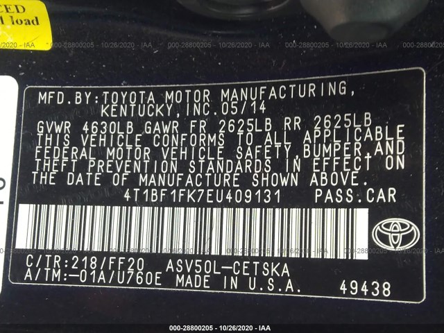 Photo 8 VIN: 4T1BF1FK7EU409131 - TOYOTA CAMRY 