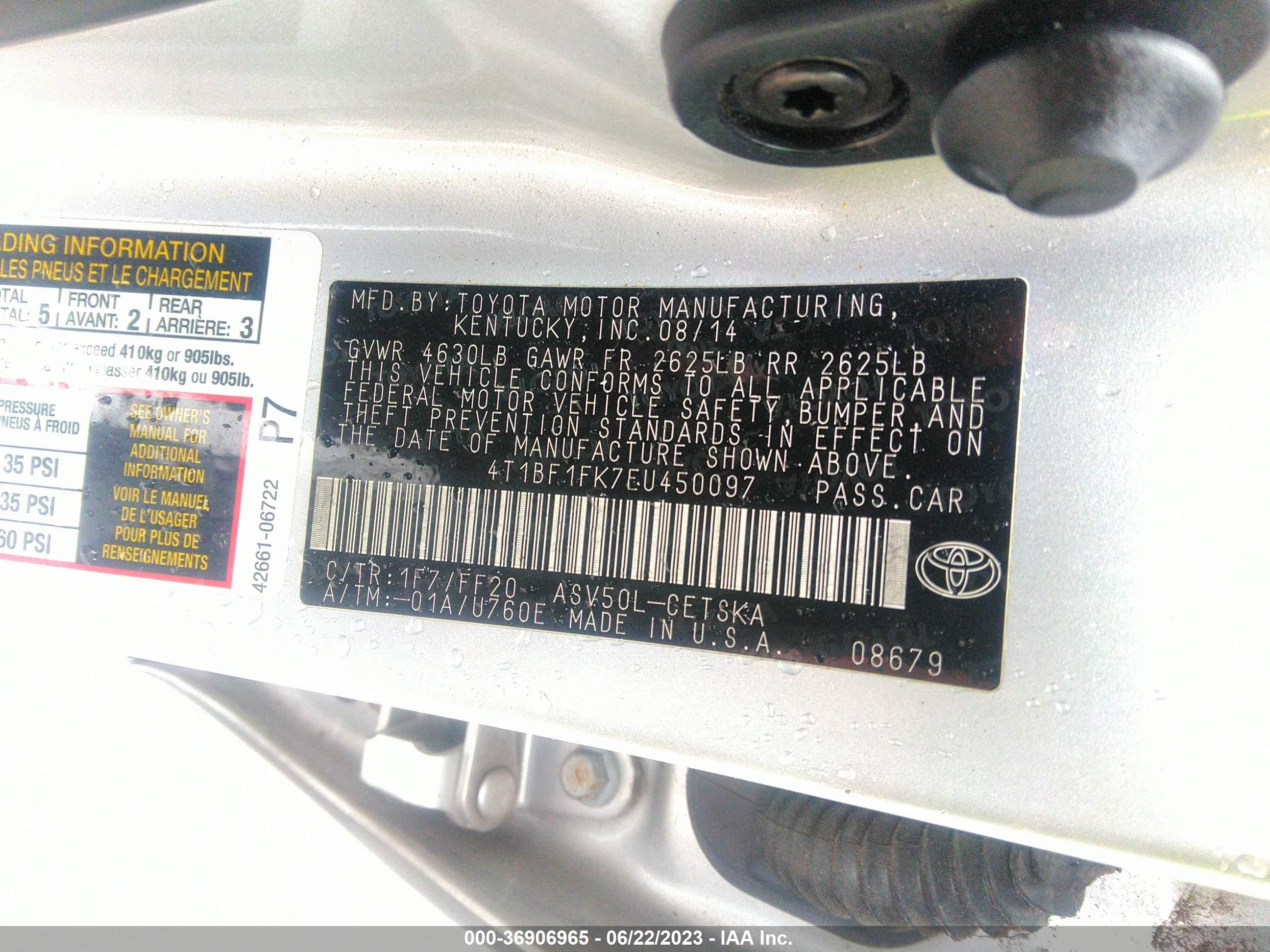 Photo 8 VIN: 4T1BF1FK7EU450097 - TOYOTA CAMRY 