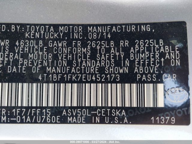 Photo 8 VIN: 4T1BF1FK7EU452173 - TOYOTA CAMRY 