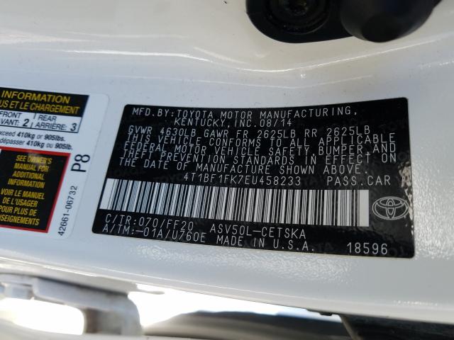 Photo 9 VIN: 4T1BF1FK7EU458233 - TOYOTA CAMRY L 