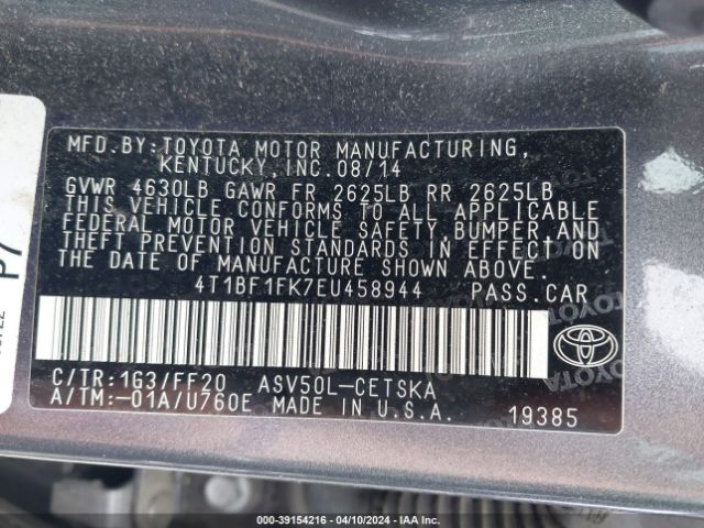 Photo 8 VIN: 4T1BF1FK7EU458944 - TOYOTA CAMRY 