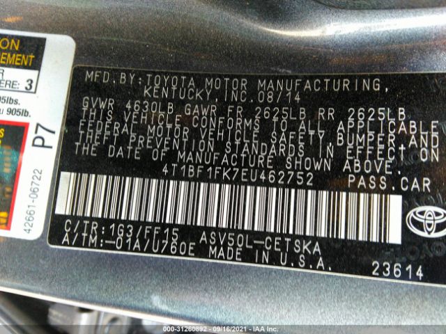 Photo 8 VIN: 4T1BF1FK7EU462752 - TOYOTA CAMRY 