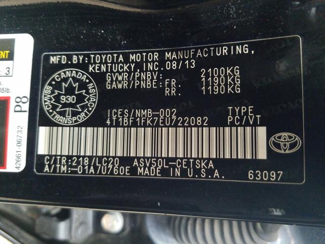 Photo 9 VIN: 4T1BF1FK7EU722082 - TOYOTA CAMRY L 