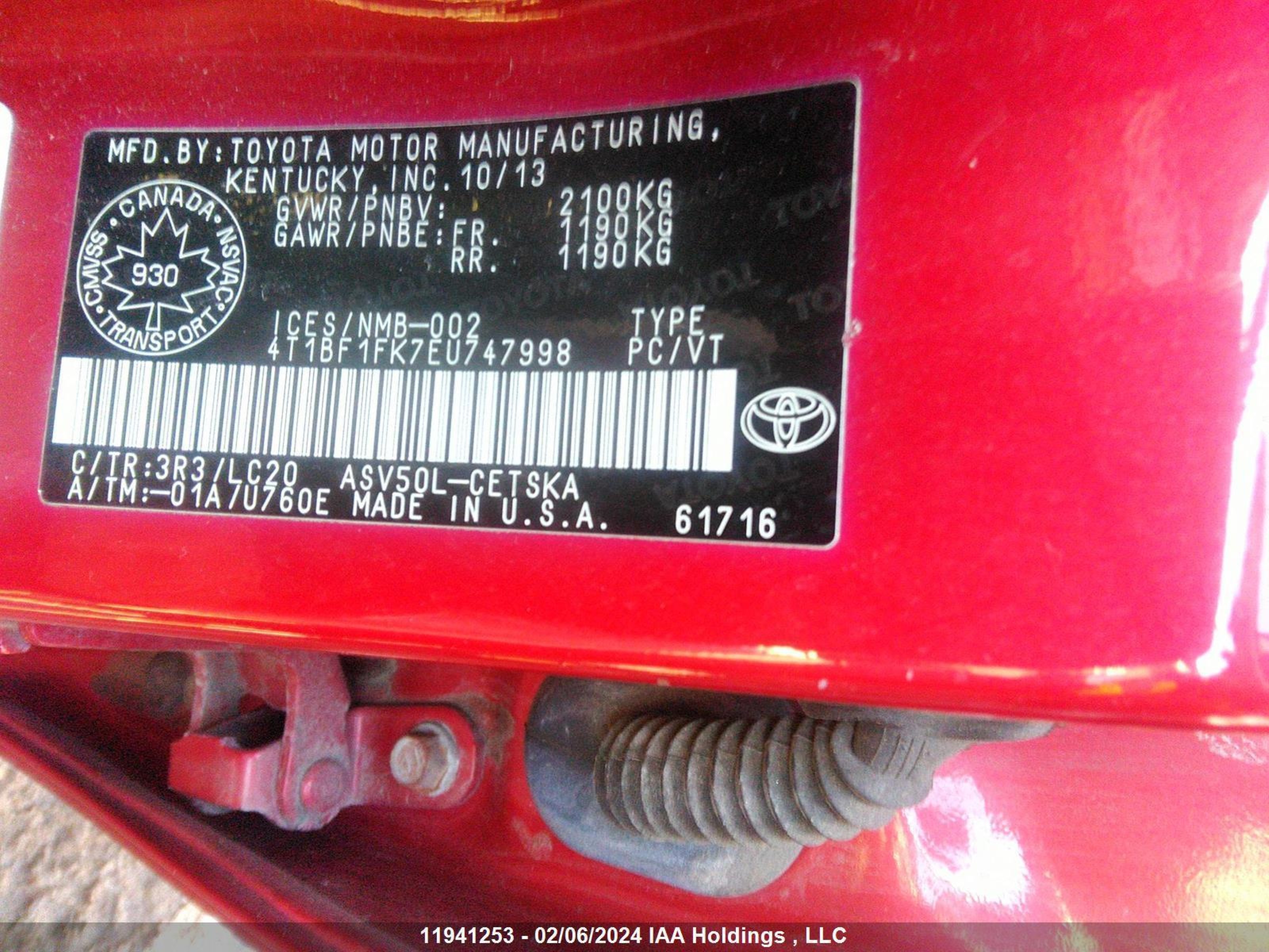 Photo 8 VIN: 4T1BF1FK7EU747998 - TOYOTA CAMRY 