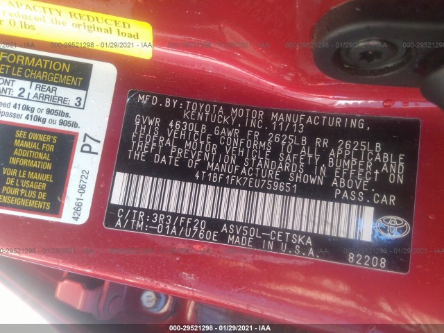 Photo 8 VIN: 4T1BF1FK7EU759651 - TOYOTA CAMRY 