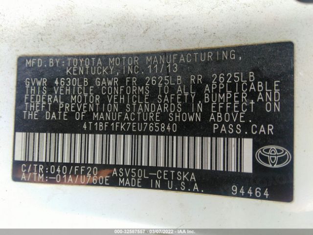 Photo 8 VIN: 4T1BF1FK7EU765840 - TOYOTA CAMRY 