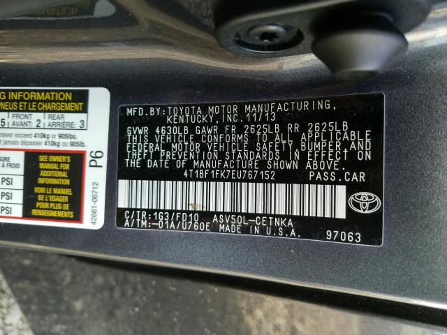 Photo 9 VIN: 4T1BF1FK7EU767152 - TOYOTA CAMRY L 