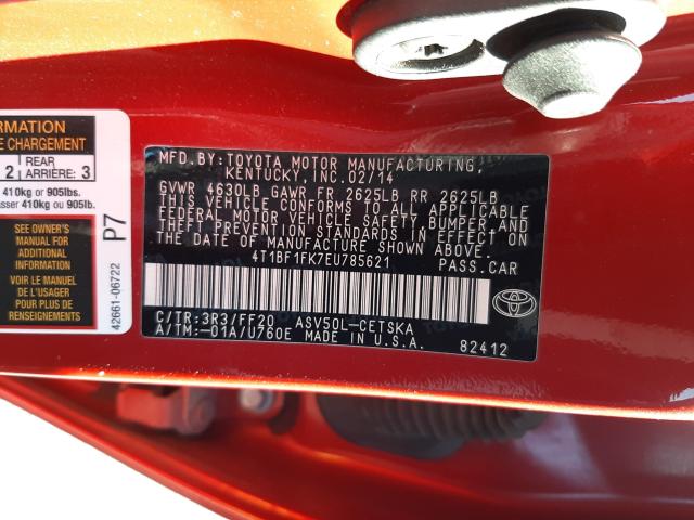 Photo 9 VIN: 4T1BF1FK7EU785621 - TOYOTA CAMRY L 