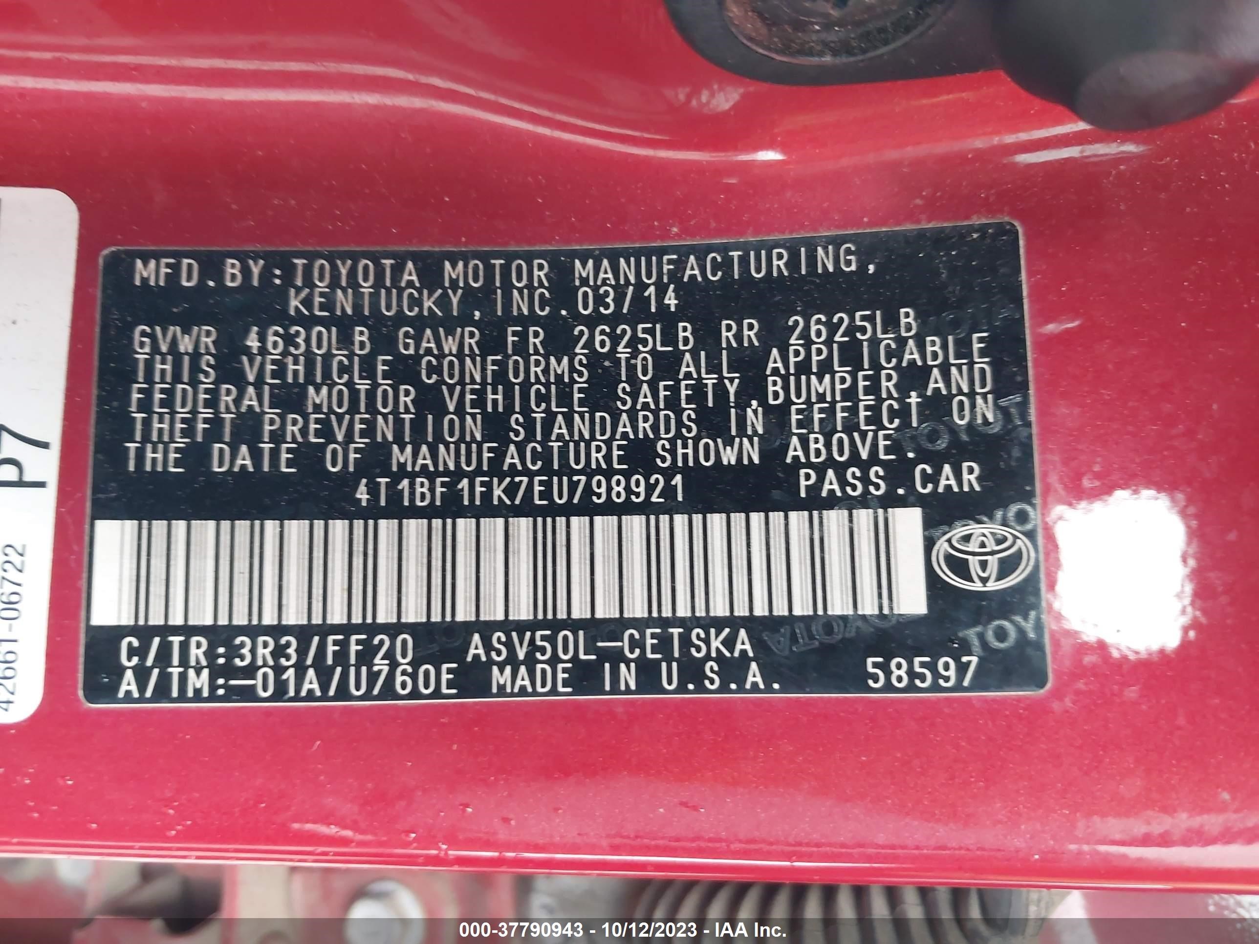 Photo 8 VIN: 4T1BF1FK7EU798921 - TOYOTA CAMRY 