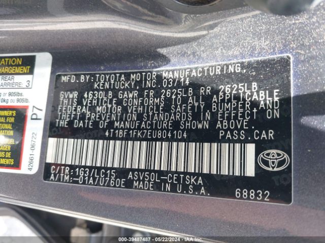 Photo 8 VIN: 4T1BF1FK7EU804104 - TOYOTA CAMRY 