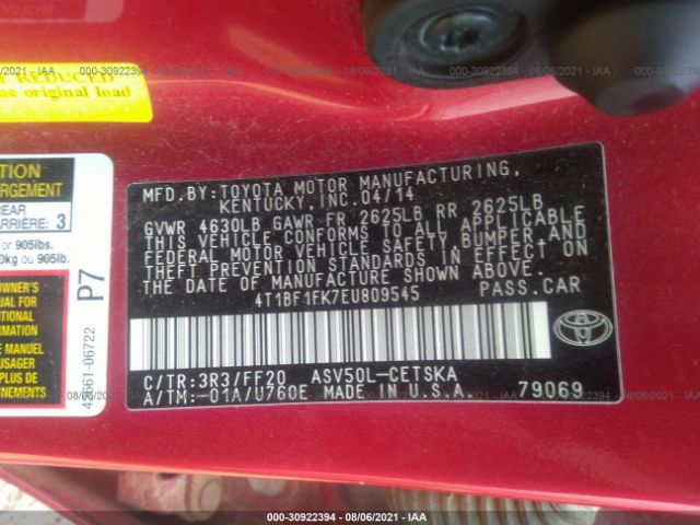 Photo 8 VIN: 4T1BF1FK7EU809545 - TOYOTA CAMRY 