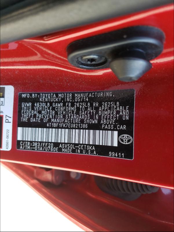 Photo 9 VIN: 4T1BF1FK7EU821386 - TOYOTA CAMRY L 