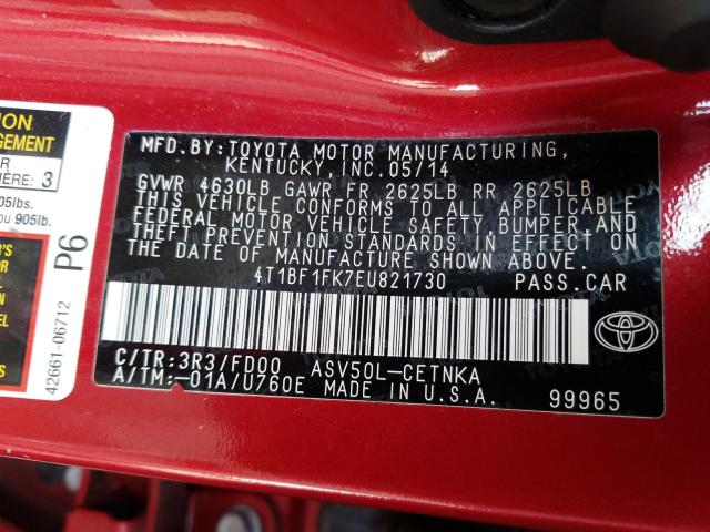 Photo 9 VIN: 4T1BF1FK7EU821730 - TOYOTA CAMRY L 