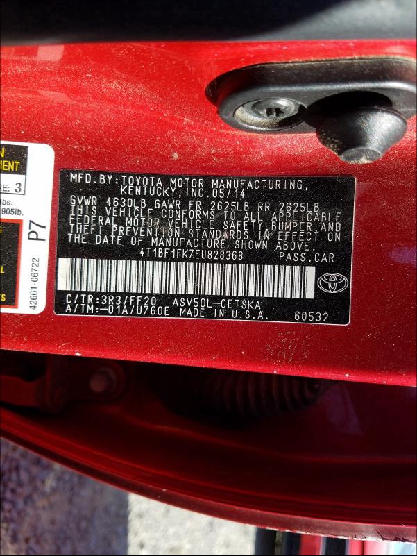 Photo 9 VIN: 4T1BF1FK7EU828368 - TOYOTA CAMRY L 