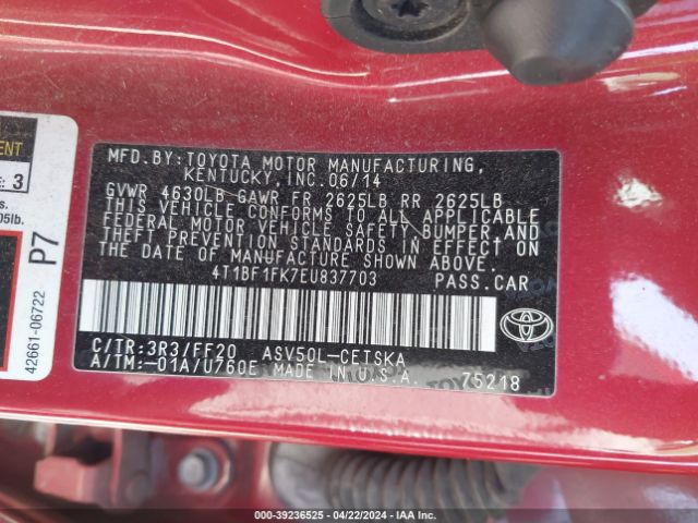 Photo 8 VIN: 4T1BF1FK7EU837703 - TOYOTA CAMRY 