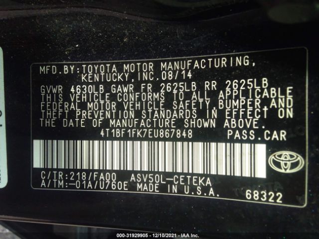 Photo 8 VIN: 4T1BF1FK7EU867848 - TOYOTA CAMRY 