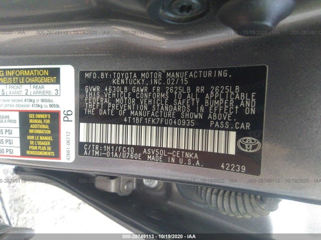 Photo 8 VIN: 4T1BF1FK7FU040935 - TOYOTA CAMRY 