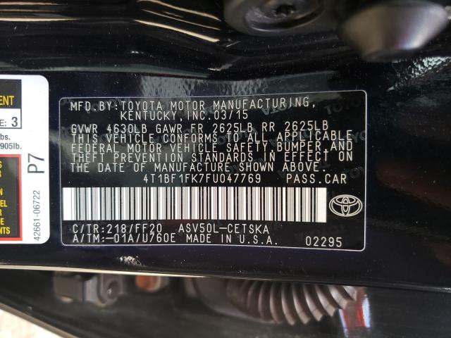 Photo 9 VIN: 4T1BF1FK7FU047769 - TOYOTA CAMRY LE 