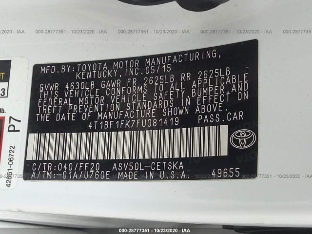 Photo 8 VIN: 4T1BF1FK7FU081419 - TOYOTA CAMRY 