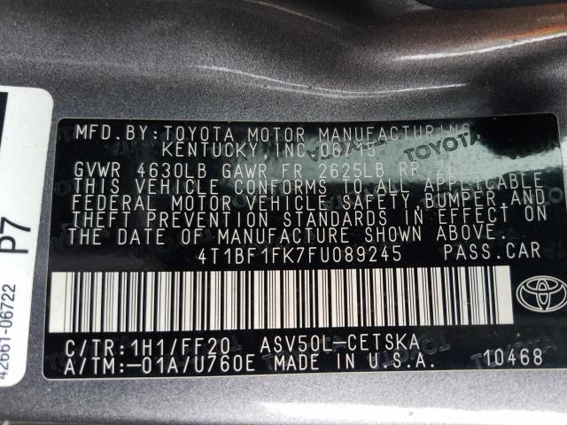 Photo 9 VIN: 4T1BF1FK7FU089245 - TOYOTA CAMRY LE 