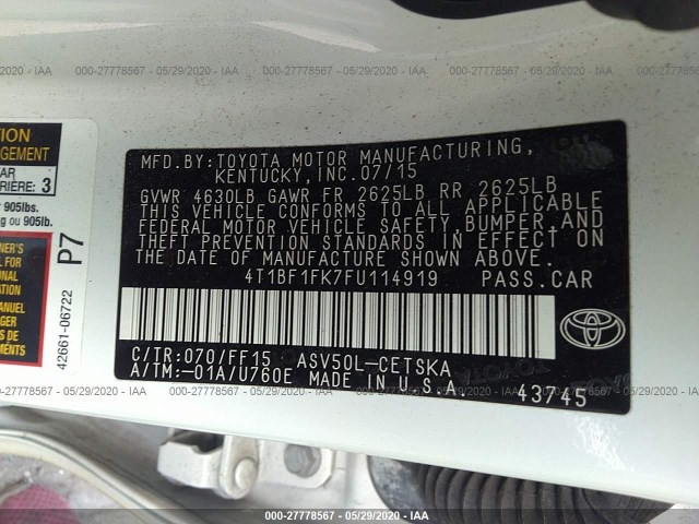 Photo 8 VIN: 4T1BF1FK7FU114919 - TOYOTA CAMRY 