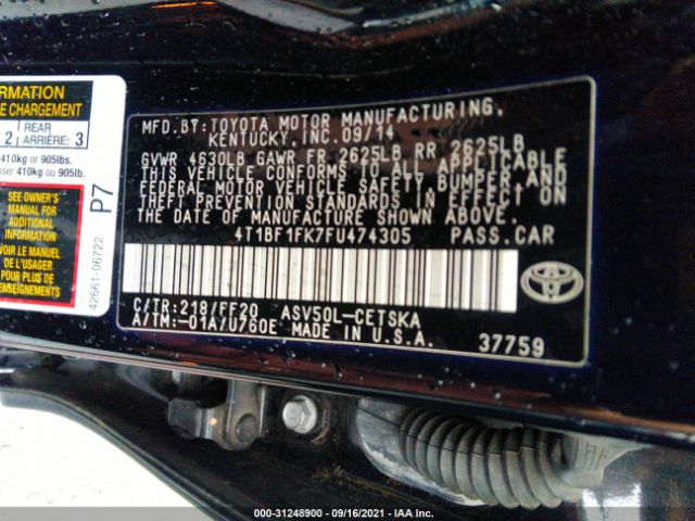 Photo 8 VIN: 4T1BF1FK7FU474305 - TOYOTA CAMRY 